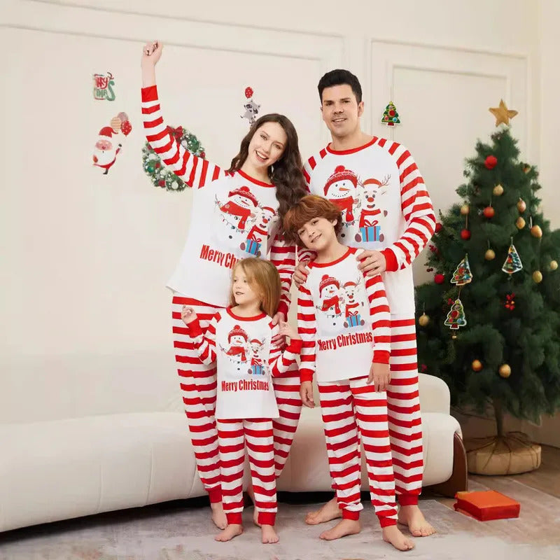 New Christmas family home dress Christmas Deer Snowman family suit red and white stripes patchwork printed pyjamas two-piece set