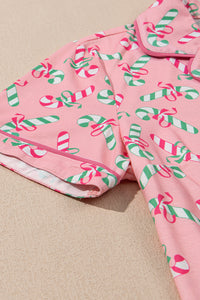 Pink Christmas Candy Cane Print Pocketed Knotted Lounge Set