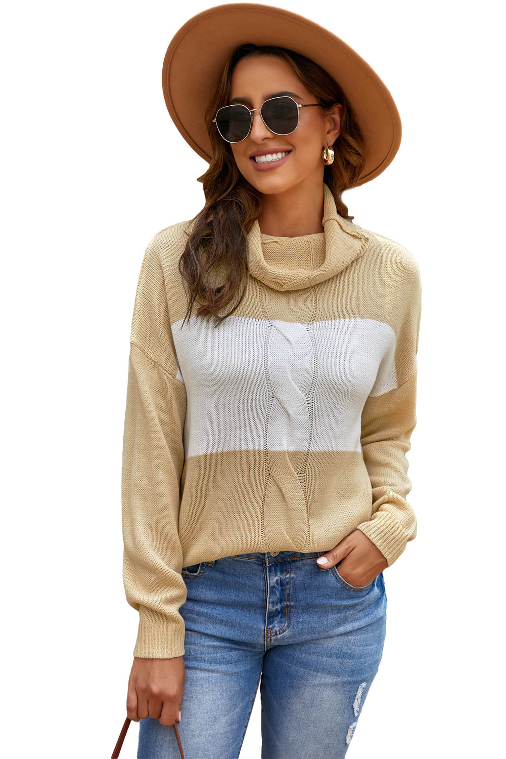 Khaki Colorblock Turtleneck Loose Knitted Sweater