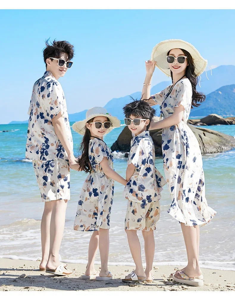 2024 Summer Holiday Family Vacation Look Clothes Dad and Son Shirts Two Piece Outfits Sets Mom and Daughter Short Sleeve Dress