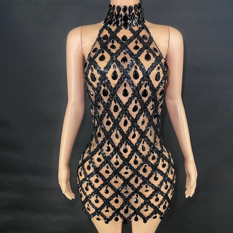 New Mesh Dress Luxury Evening Celebrate Prom Birthday Party Transparent Gold Black Sequins Rhinestones Short Singer Stage Wear