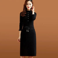 Pleated Knitted Dress Bottoming Sweater Dresses Fake Two Pieces Women Vintage Elegant Long Sleeve Fall Casual Slim Midi Vestidos