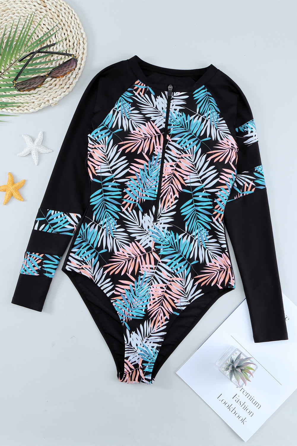 Leaves Print Zip-up Long Sleeve Surf Rash Guard Swimwear