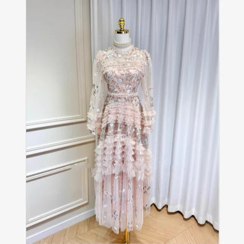 Summer Autumn Fashion Flower Embroidery Lace Prom Evening Dress Women Long Sleeve Layers Wooden Ear Edge Midi Cake Dresses Party