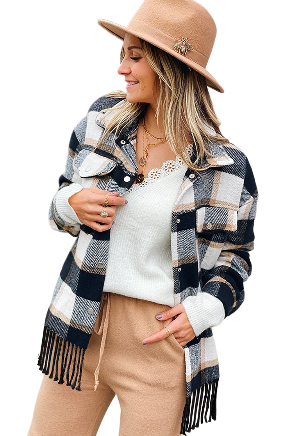 Medium Grey Plaid Snap Button Pocket Fringed Hem Jacket