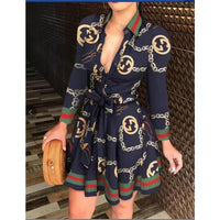 Hot Selling Women's S-2XL Size Fall Lapel Button Long Sleeve Casual Dress Fashion Printed with Belt Elegant Women's Dresses