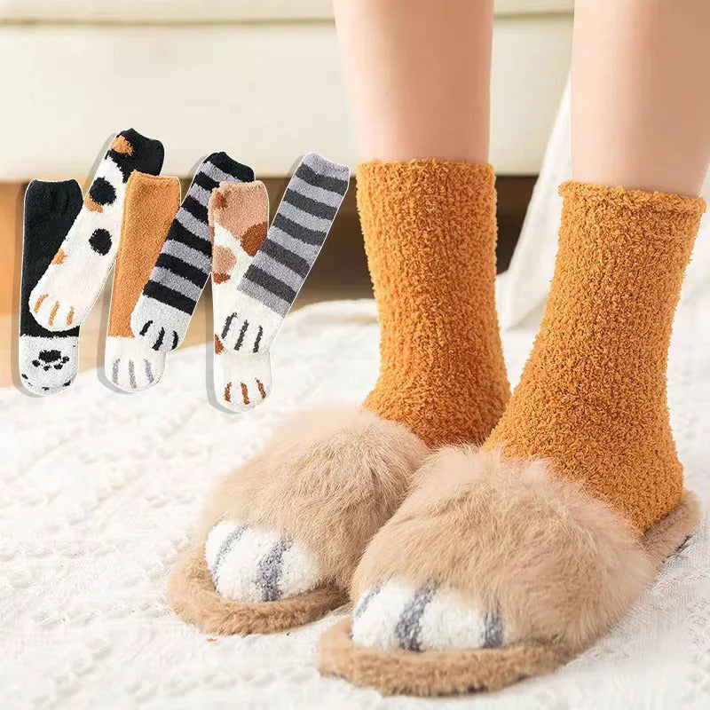 6 pairs Woman socks Set Cartoon Cute 3D Dog Cat Paw Pattern Winter Female Fleece Warm Home Floor Sleeping Thick Socks Wholesale