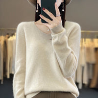 100% pure wool cashmere sweater women's V-neck pullover casual knit top autumn and winter women's coat Korean fashion