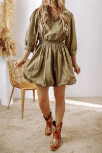 Guacamole Green Collared V Neck Smocked High Waist Mini Dress