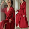 Female Long Twinset Robe Set Nightgown Spring Summer Kimono Bathrobe Gown Sexy Lace Trim Nightdress Satin Home Wear Loungewear