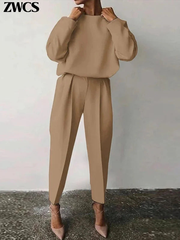 Loose Solid Top Pants Set Women Casual O-neck Full Sleeve Pullover Pleated Long Trousers 2025 New Female Chic 2 Piece Outfits