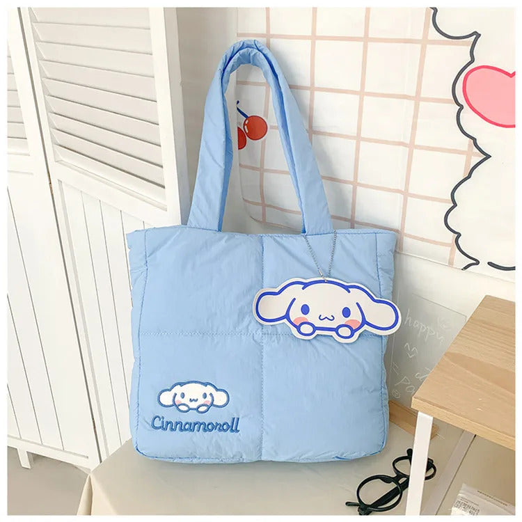 2024 New Sanrio Handbag Cartoon Cute Down Fabric Kuromi Tote Bag Shoulder Pacha Dog Cute Stationery Bag Large Capacity Handbag