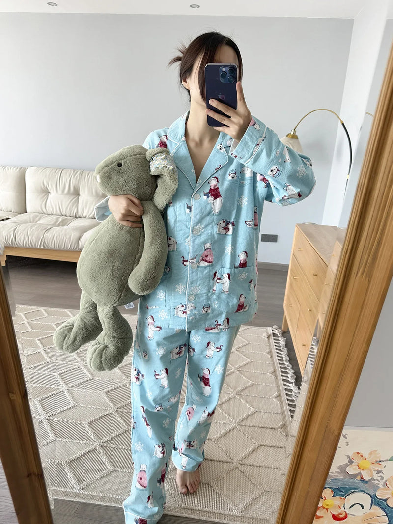 100% Cotton Pajamas for Women Loose Cartoon Long Sleeve Pants Loungewear Women 2 Piece Set Pj Women Outfit Sleepwear Set Pijamas