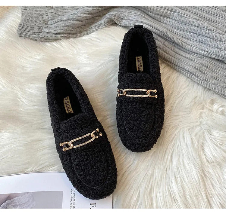 Luxury Sheep Fur Lined Loafers Women Lambswool Shoes Ladies Winter Slip On Furry Flats Cotton Wool Mocasine Femme Barefoot Boots