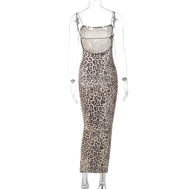 Hugcitar 2024 Fashion Leopard Print Slips Backless Sexy Bodycon Maxi Dress Summer Women Casual Clothes Beach Party Vacation Club