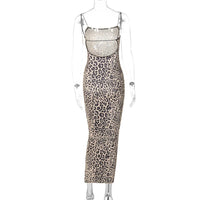 Hugcitar 2024 Fashion Leopard Print Slips Backless Sexy Bodycon Maxi Dress Summer Women Casual Clothes Beach Party Vacation Club