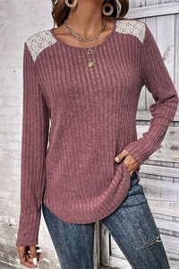 Pink Ribbed Knit Lace Patch Shoulder Casual Sweater