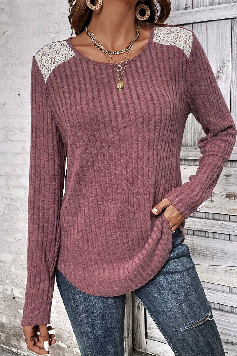 Pink Ribbed Knit Lace Patch Shoulder Casual Sweater