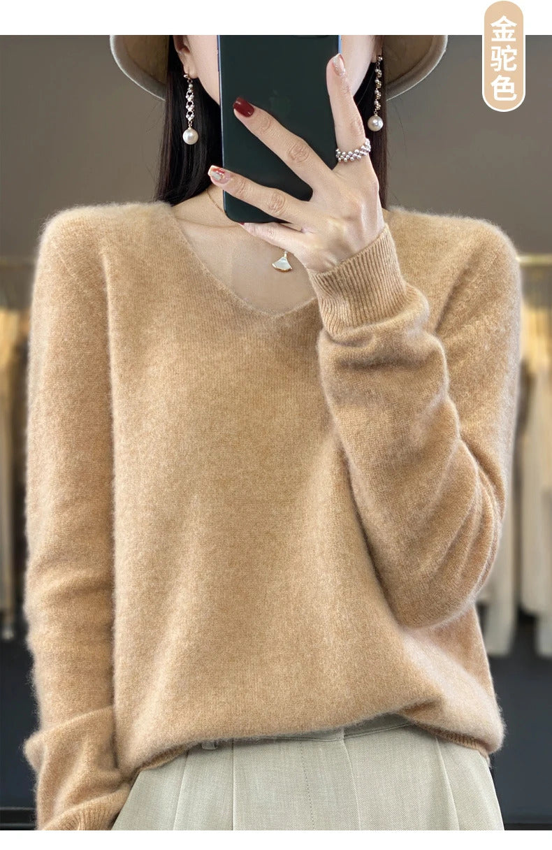 100% pure wool cashmere sweater women's V-neck pullover casual knit top autumn and winter women's coat Korean fashion