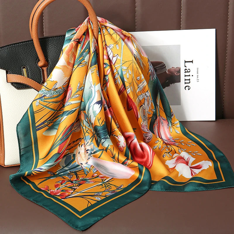 Luxury Print Satin Silk Square Scarf for Women Shawl Hijab Neckerchief Female Hair Ribbon Headband Fashion Wrap Bandana 2023 New