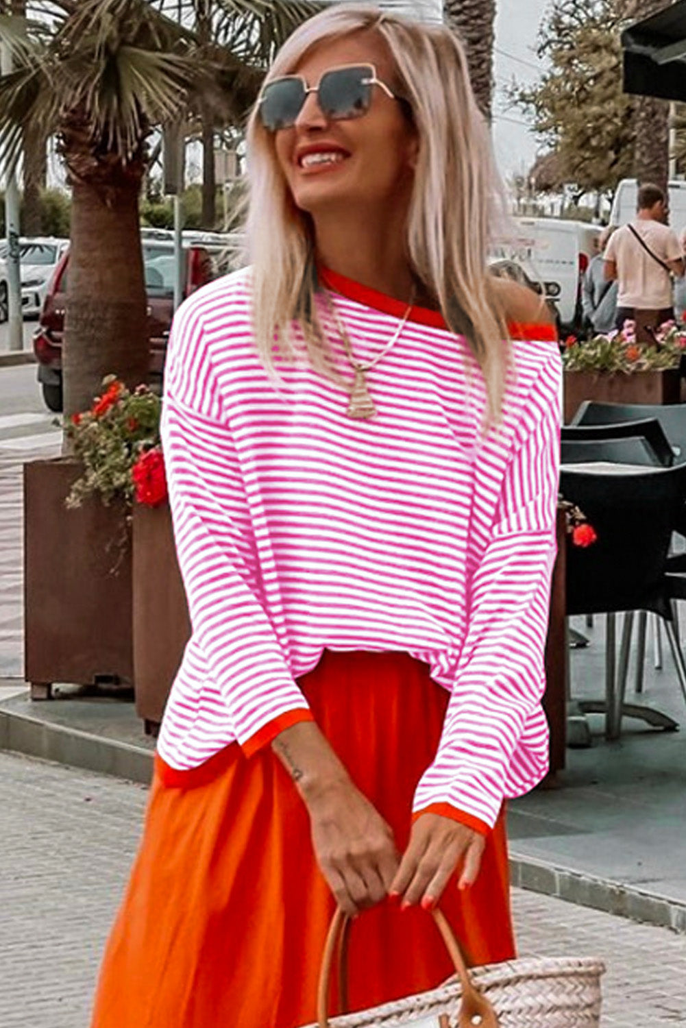 Pink Contrast Trimmed Striped Drop Shoulder Sweater