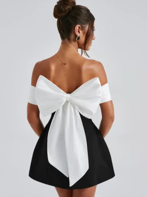 Elegant Back Big Bow Decoration Mini Dress Fashion Off Shoulder High Waist Sleeveless Backless Dresses Autumnm New Party Gowns