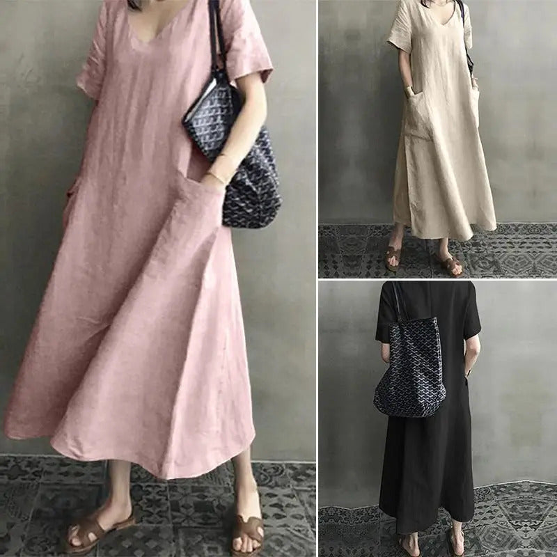 ZANZEA 2023 Women Long Maxi Summer Dress Casual Cotton Linen  Ladies Big Pockets Beach Party Robe Femme Vestidos