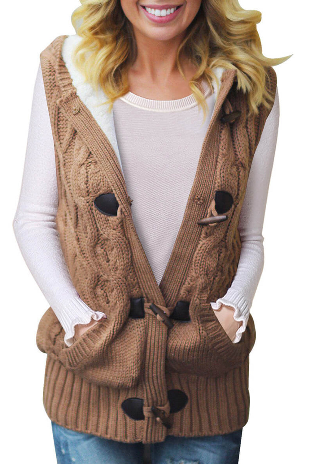 Khaki Cable Knit Hooded Sweater Vest