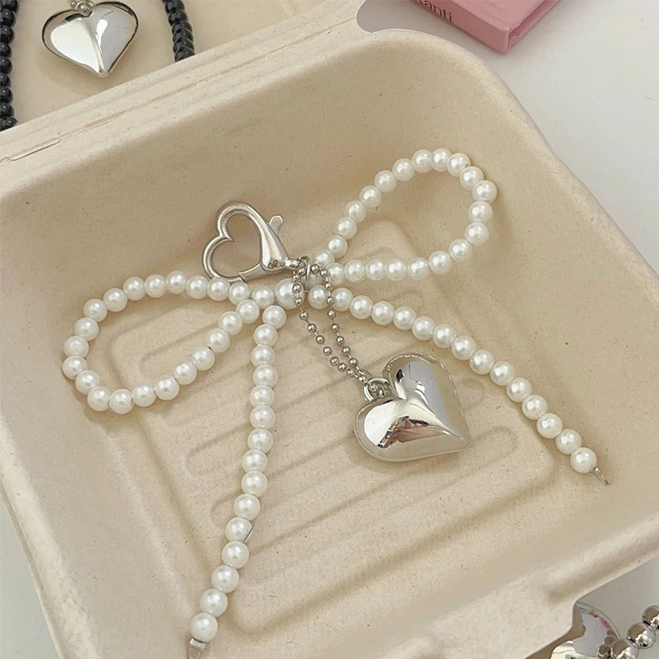 ZAKOL White Bowknot Heart Keychain Women Sweet Charm Pearl Bow Backpack Key Ring Handmade Jewelry Ornament Bags Pendants Gif