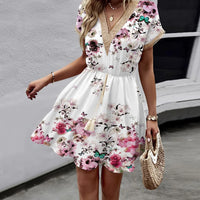 2024 New European and American Spring/Summer Printed Bat Sleeves Lace V-Neck Waist Wrap Short Sleeve Medium Length Dress