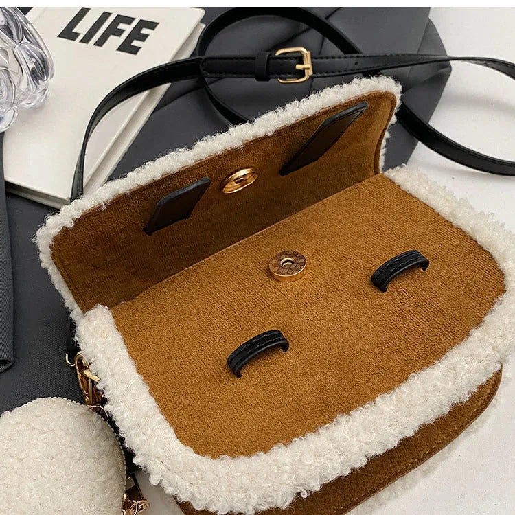 2023 Winter New Women's Plush Small Square Bag Color Contrast Design Single Shoulder Crossbody Bag Brown Handbag