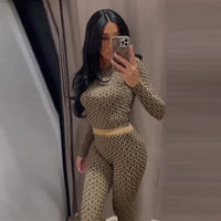 2025 Spring Print Slim Women's Tracksuit Slim Long Sleeve O-neck T-shirt High Waist Contrast Pant Vintage Patchwork Lady Outfit