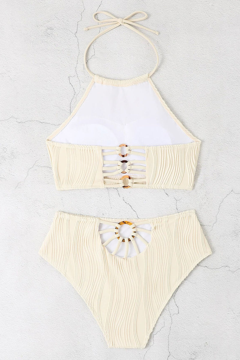 Beige Textured O Ring Connected Halter Backless Bikinis