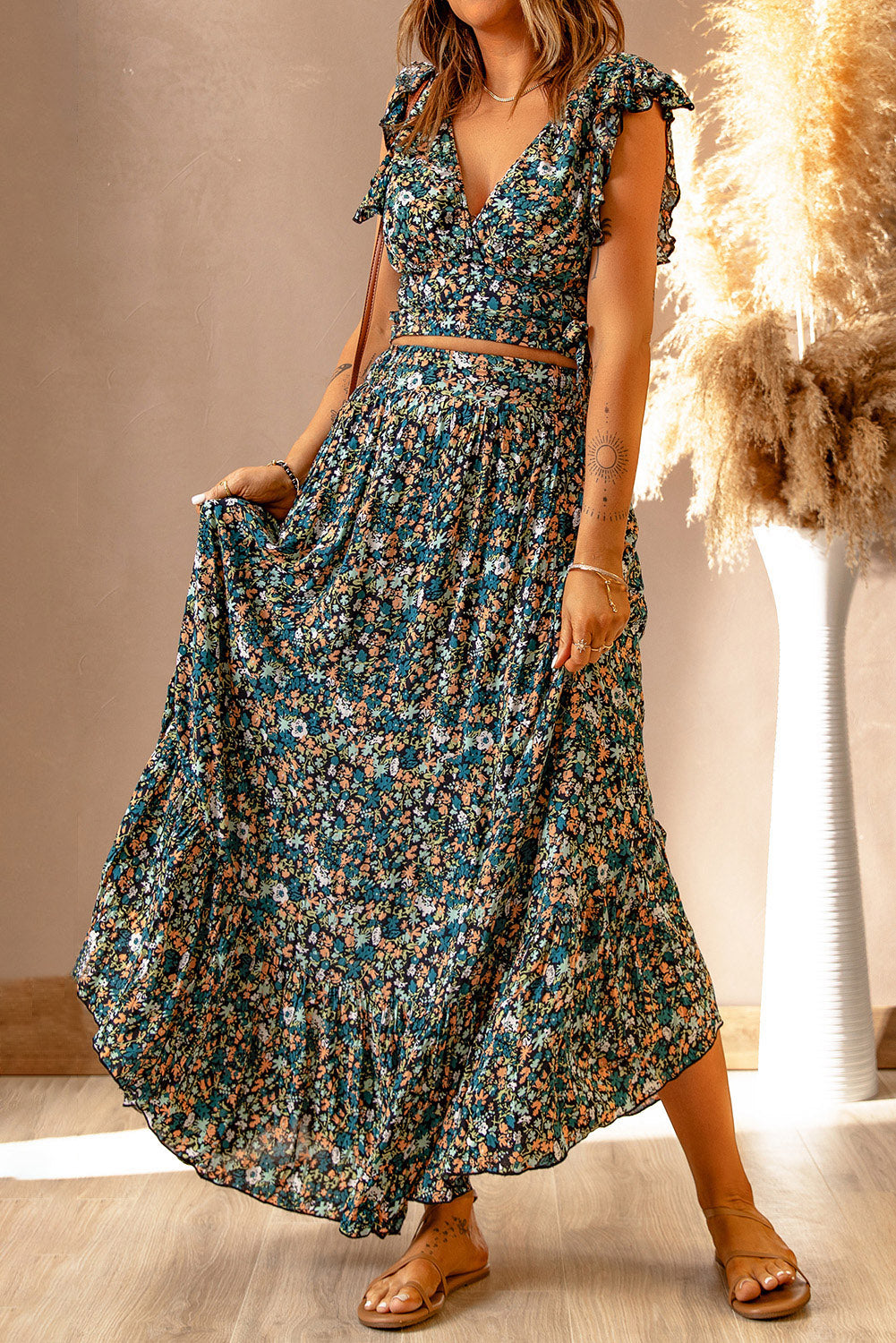 Women's Floral Ruffled Crop Top and Maxi Skirt Set for Fashionable and Fresh Style