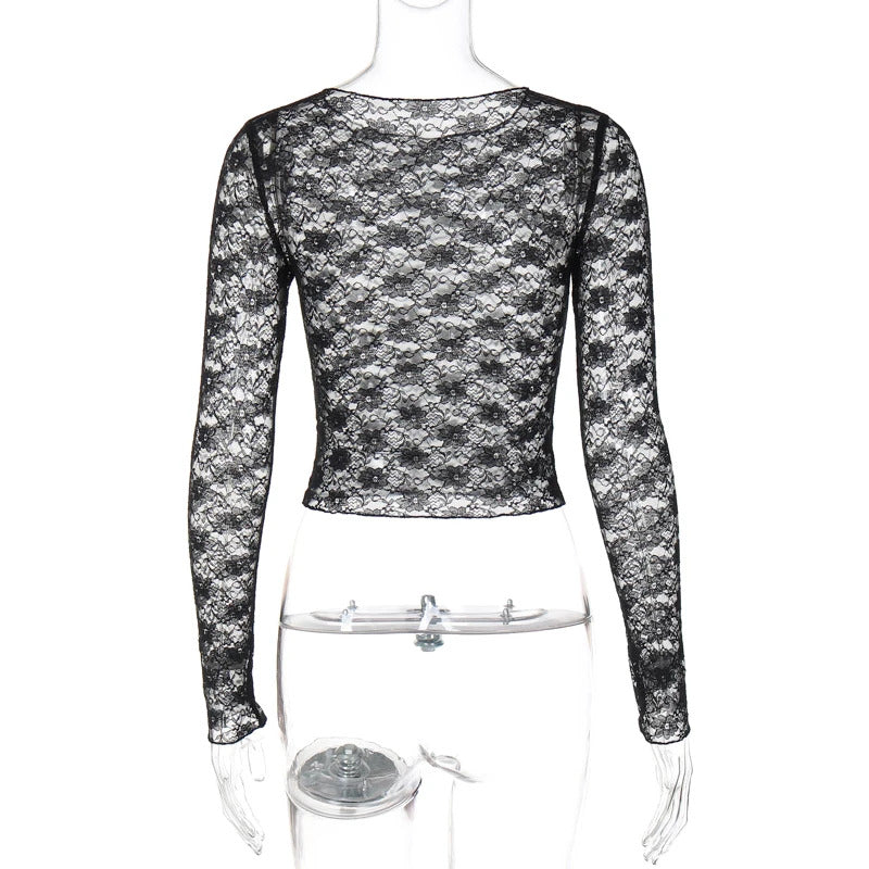 Dulzura Long Sleeves See Through Lace Crop Top Solid Sexy Bodycon T-Shirt For Women Party Club Autumn Winter Clothes