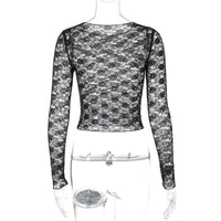 Dulzura Long Sleeves See Through Lace Crop Top Solid Sexy Bodycon T-Shirt For Women Party Club Autumn Winter Clothes