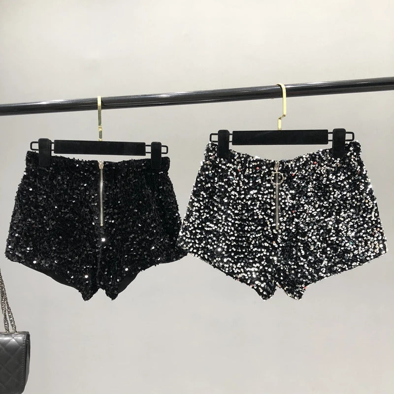 Whole Body The New 2023 Sparkling Sequins Shorts Women Short Zipper Nightclub Woman Slim Fit for Silver and Black   Sexy Shorts