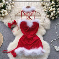 Winter Patchwork Christmas Hotsweet Women's Short Dress Sexy Bodycone Plush Red Dress Cross Strap Halter Neck Erotic Mini Dress