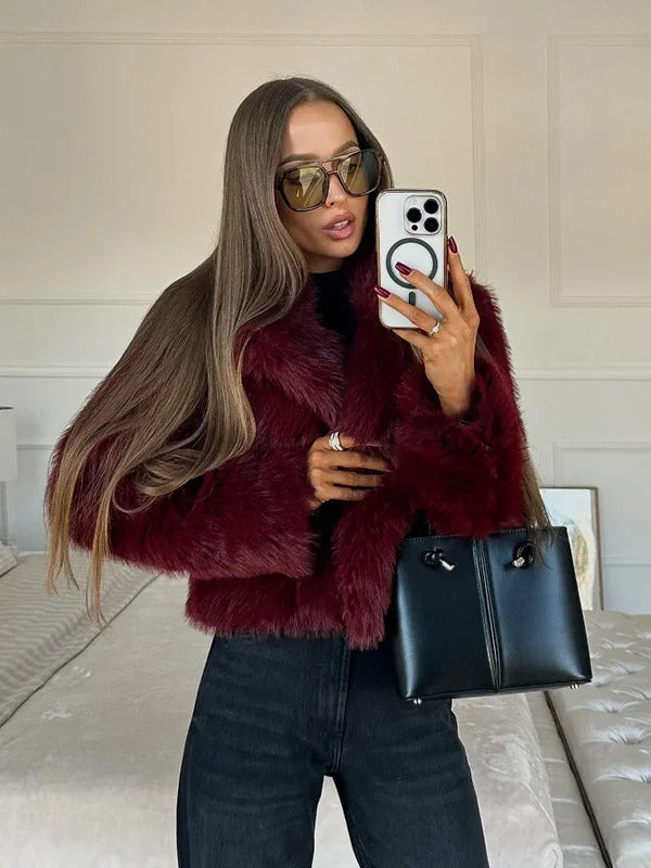 Vintage Red Faux Fox Fur Short Coat For Women Elegant Solid Lapel Long Sleeve Loose Jacket Winter Plush Warm High Street Outwear