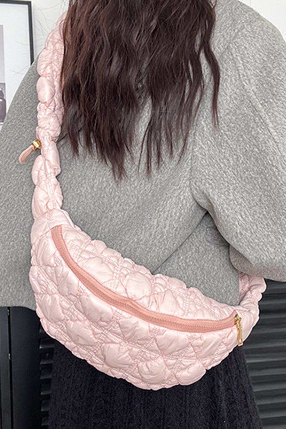 Pink Nylon Leisure Style Puffy Crossbody Bag