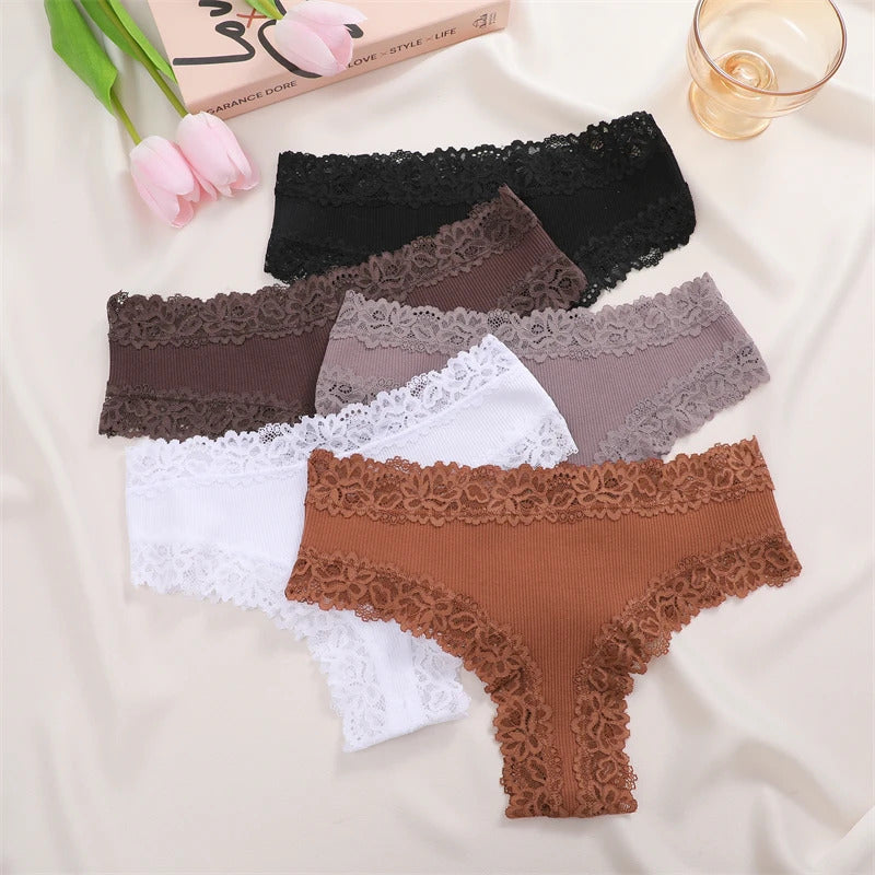 5Pcs/set Women Cotton Panties Floral Lace Intimate Underwear Trendy Patchwork Lace Briefs Female Soft Underpants Lingerie S-XL