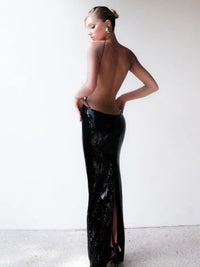 Women Summer Luxury Sexy Backless Halter Black Mesh Sequins Maxi Long Gowns Dress Elegant Sparkly Evening Party Club Dress