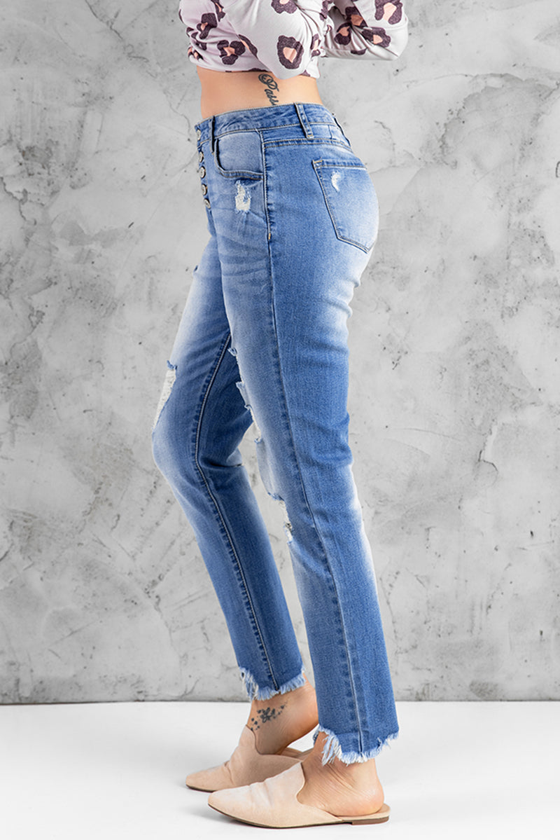 Sky Blue High Rise Button Front Frayed Ankle Skinny Jeans