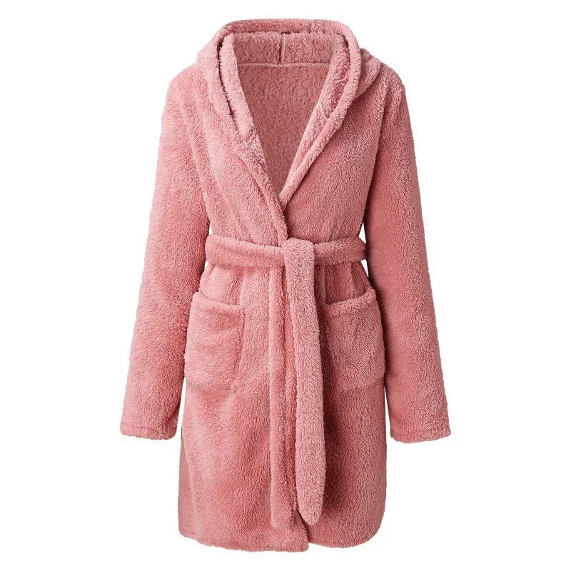 Women Bath Robe Winter Fluffy Plush Pyjamas Ladies Sexy Hooded Dressing Solid Color Gown Warm Bathrobe Female Home Clothing