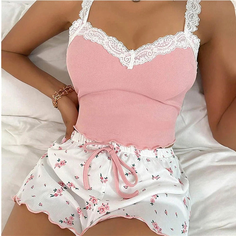 Women's Two-Piece Summer Ribbed Knitted Flower Print Lace Trimmed Camisole Vest and Bow Shorts Sexy Pajama Set