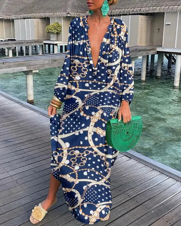 Elegant Women's Dresses 2023 Summer Casual Fashion Print V-Neck Loose Retro Comfortable Maxi Dress Female Robe S-XXXL