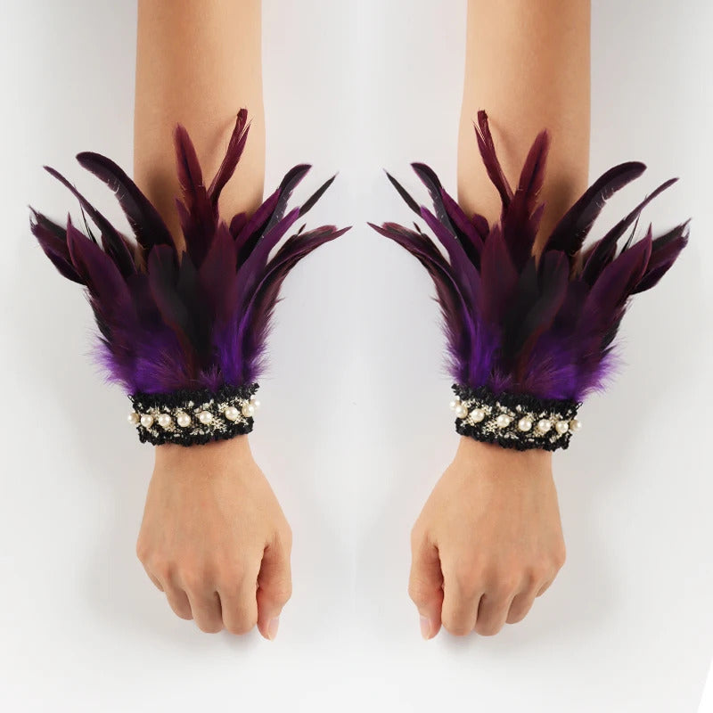 Gothic Rooster Feather Wrist Cuffs Natural Dyed Feather Arm Warmers Halloween Cosplay Party Rave Stage Performance Accessories