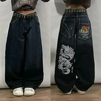 Street Fashion Trend Skull Embroidered Jeans Women Harajuku Y2K New Hip Hop Joker Straight Wide-leg Pants Couple Casual Jeans