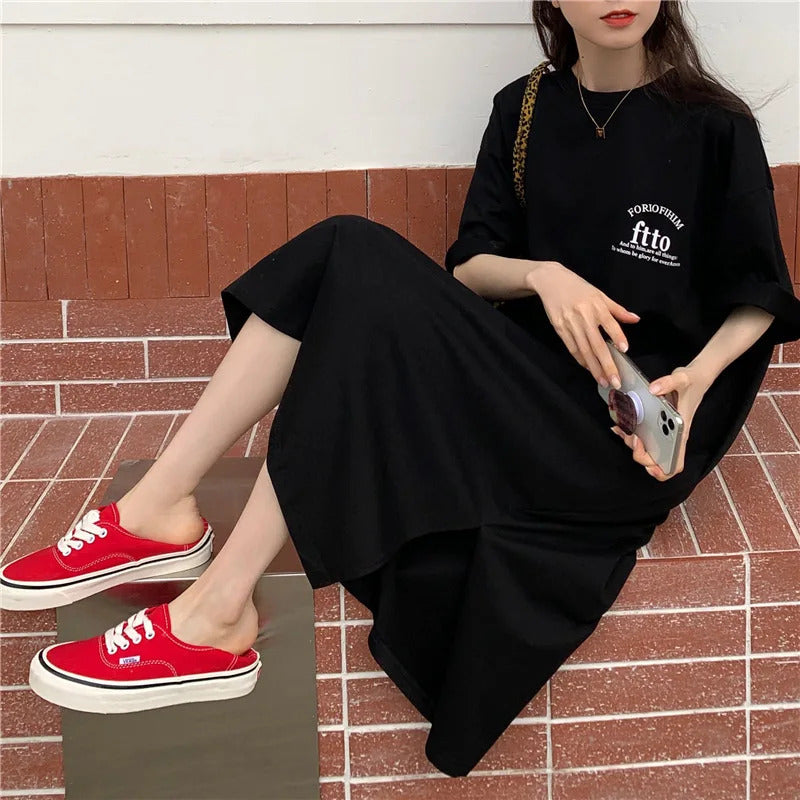 1 Piece plus Size WOMEN'S Loose Split Knee-length T-shirt Dress Casual Simple Fashionable Letter Print Nightgowns