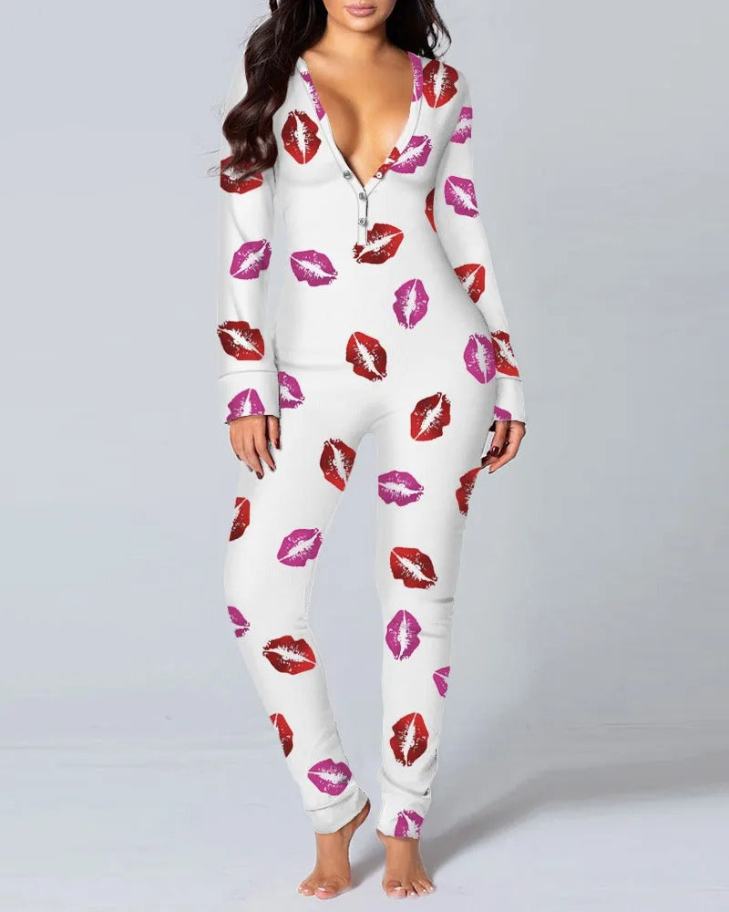 Sexy Pyjama Women's Jumpsuit Suit Button-down Front Back Butt Bum open Ass Flap Jumpsuit Loungewear Christmas Print Buttoned